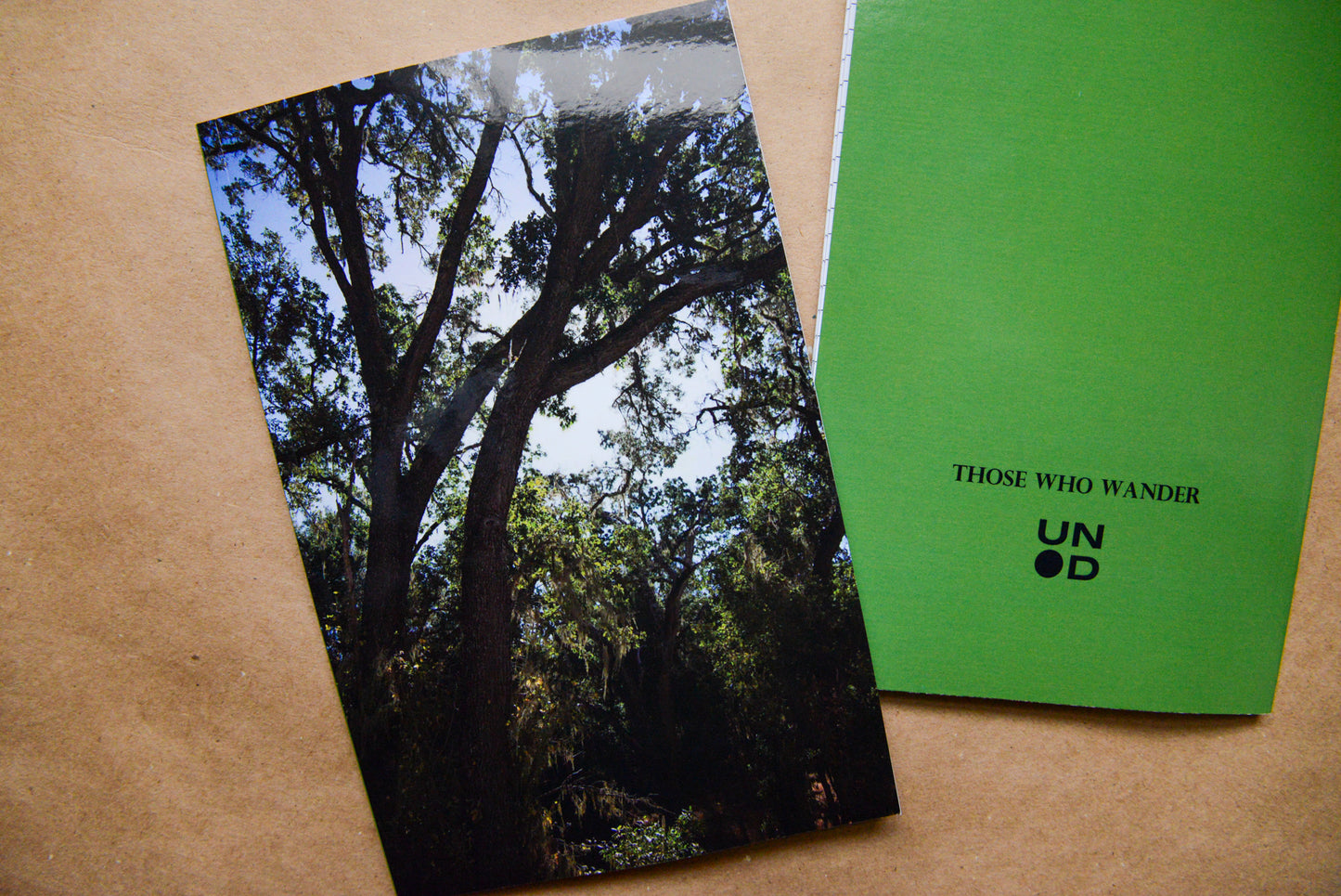 Notebook with trees, back cover in green with 'Those Who Wander' and Unpunched logo.