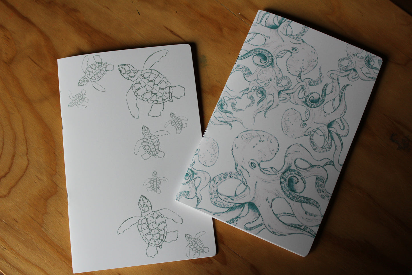 Two notebooks with a turtle and octopus illustrations on a wooden surface