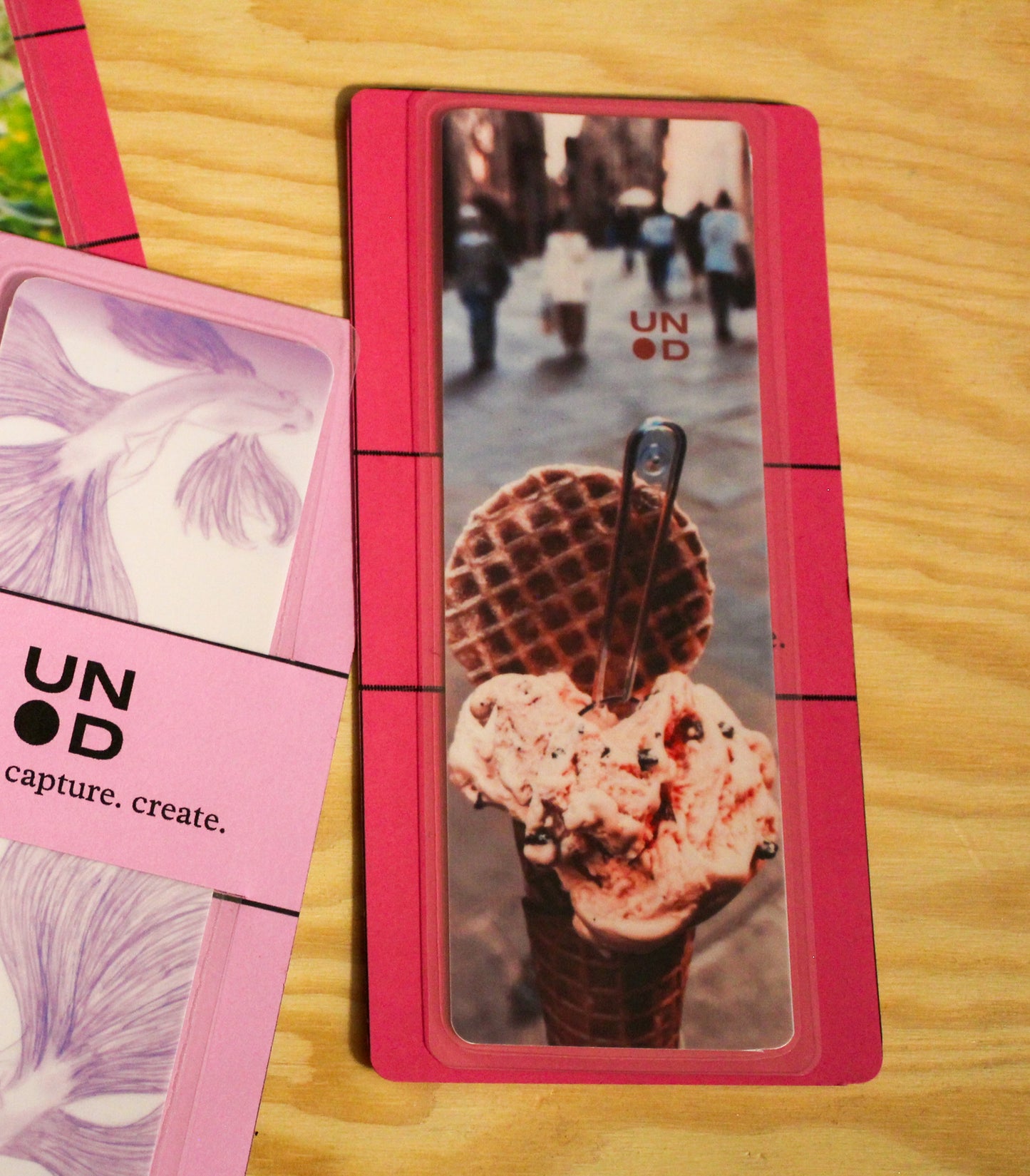waffle cone ice cream photo on a wooden surface, pink background