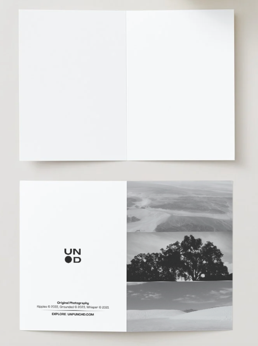 3 greyscale photos - desert, tree, and white sands. with a white envelope card inside - blank. logo in the middle with the photo names and dates and website. off-white background.