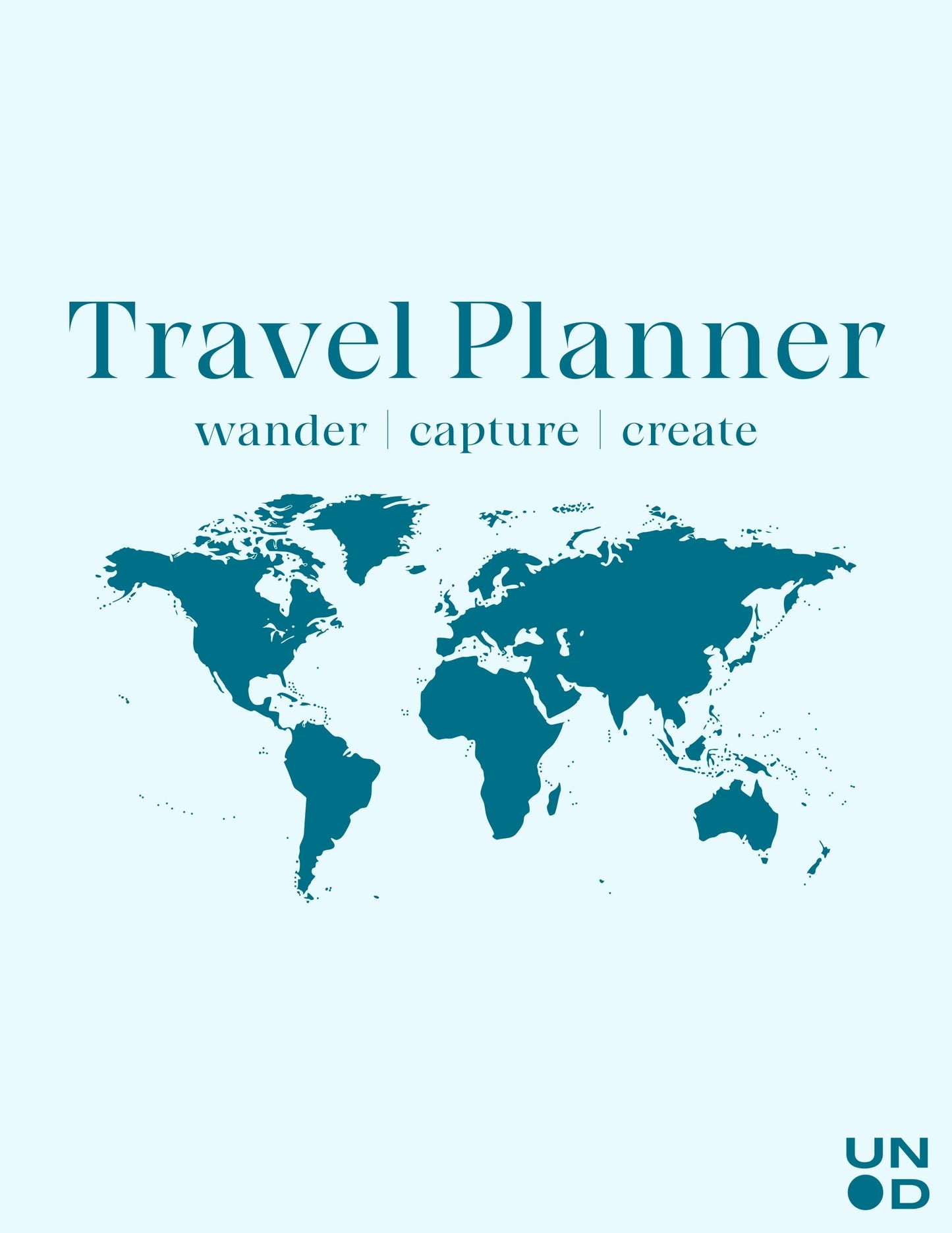 light blue page with Travel Planner wander | capture | create below.
The world map in teal
Unpunchd Logo in the right corner in teal