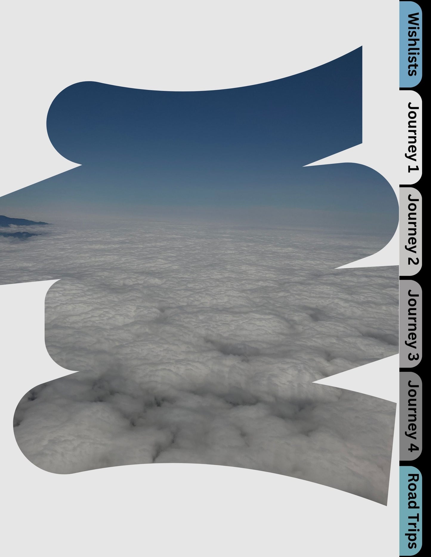 Tabs page of the travel planner. Clouds with blue sky on cover. Tabs top to bottom: wishlists, journey 1, journey 2, journey 3, journey 4, road trips.