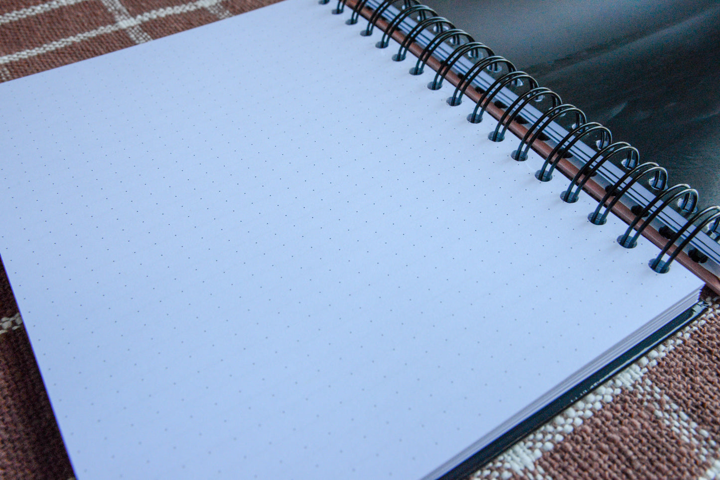 spiral notebook with dot grid page in view. image of haze partial greyscale image.