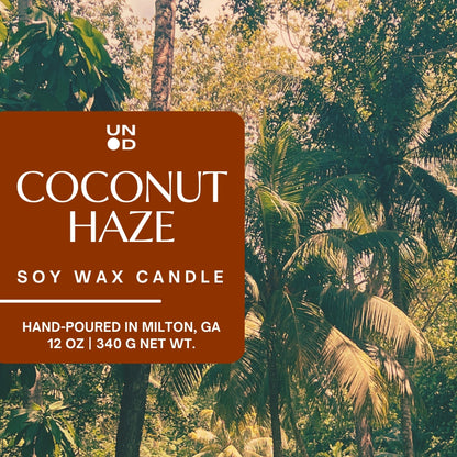 Coconut Haze soy wax candle label with a tropical background