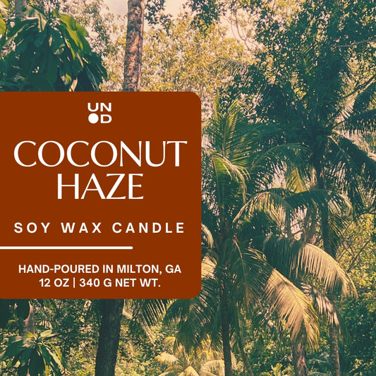 Coconut Haze soy wax candle label with a tropical background