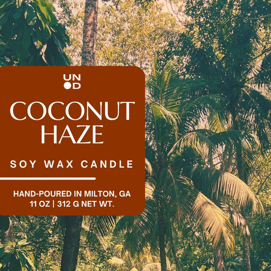 Coconut Haze soy wax candle label with tropical background