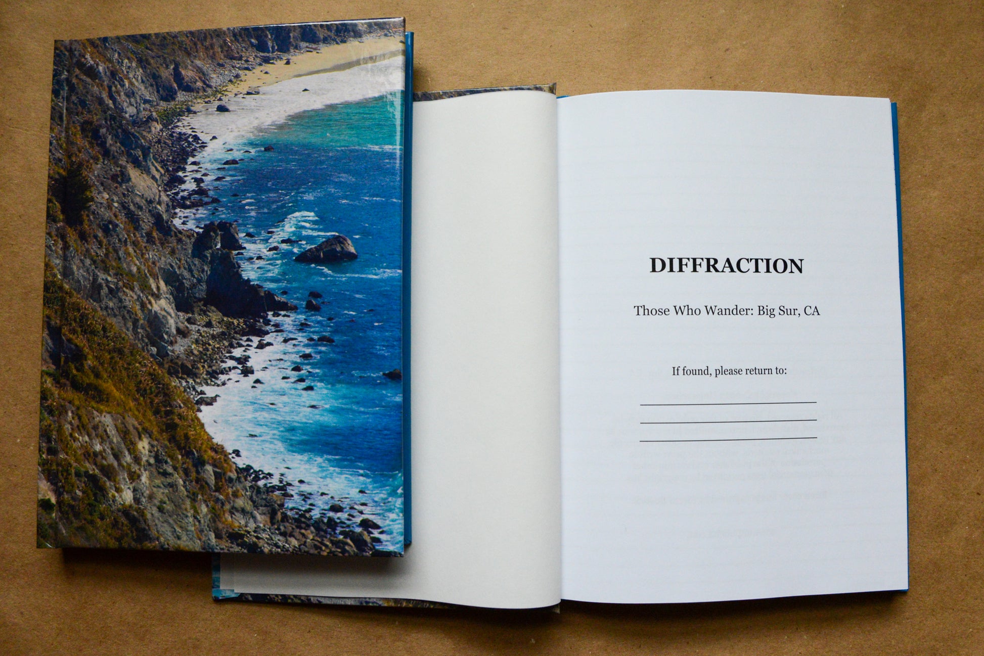 Big Sur coastline, hardcover notebook. Title page with and collection name with if found section. 