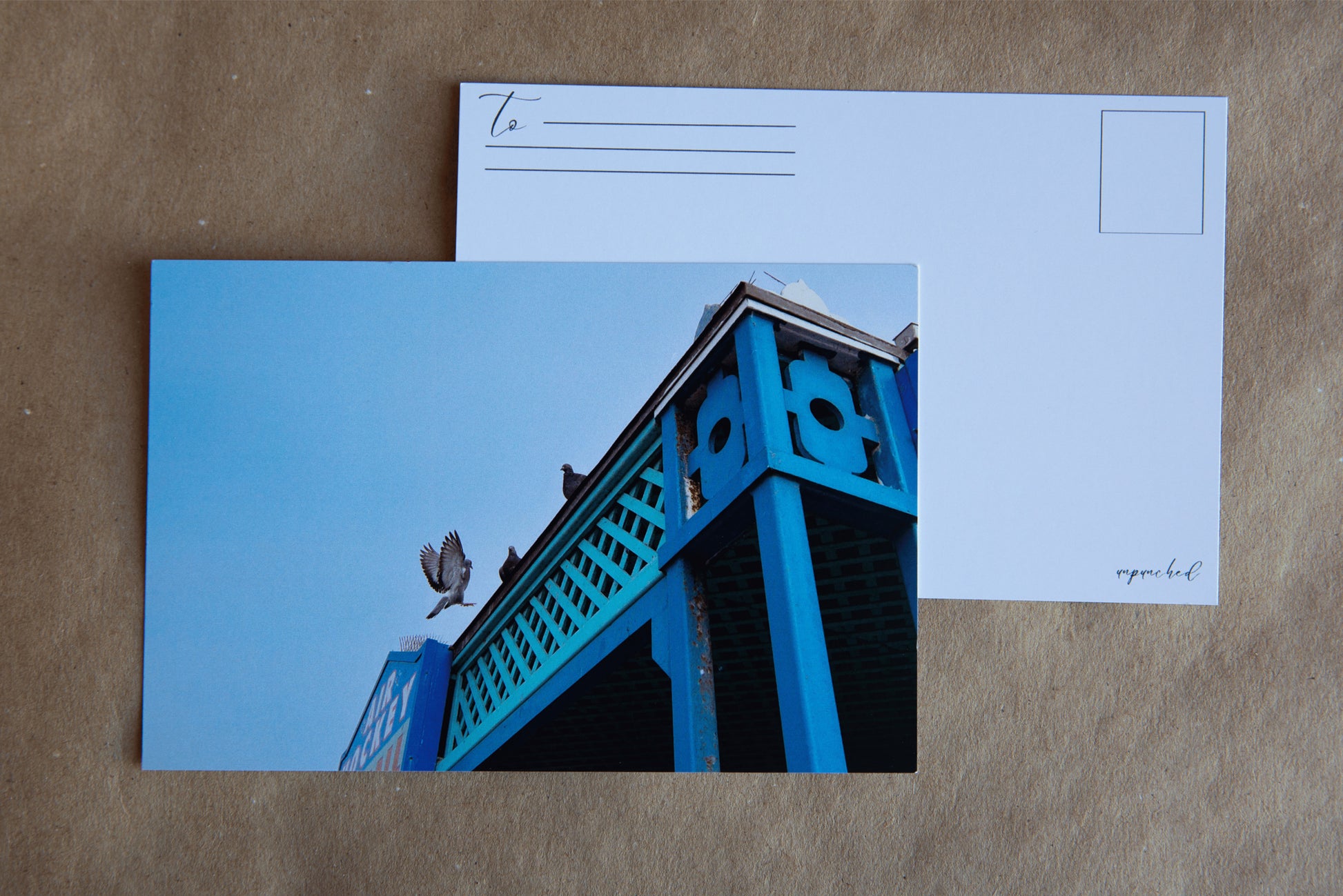 Back of the post card with "To" and stamp square. Logo in the bottom right corner. Photo of a pigeon landing from flight on the top of a blue metal building with teal lattice. Two pigeons are sitting at the top of the building in observation. The sky is a soft blue color from the marine layer.