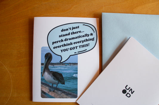 you got this card with a pelican and blue envelope, showing the back of the card with a logo