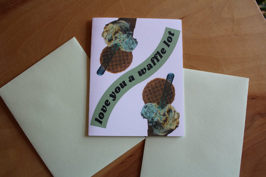 love you a waffle lot card with ice cream cones and pistachio envelope