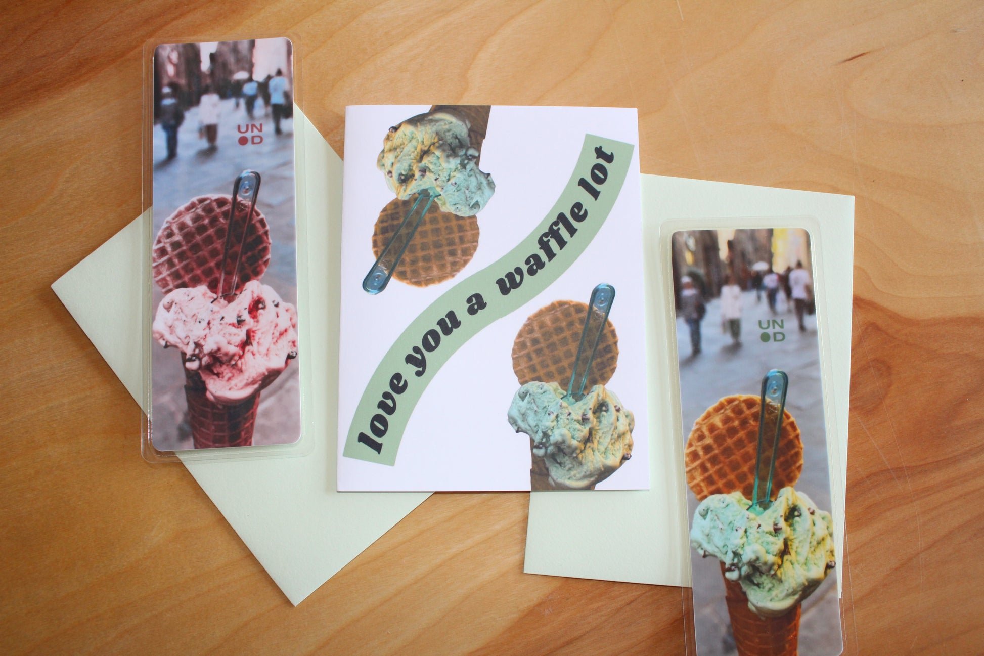love you a waffle lot card with the waffle cone bookmarks and pistachio envelope