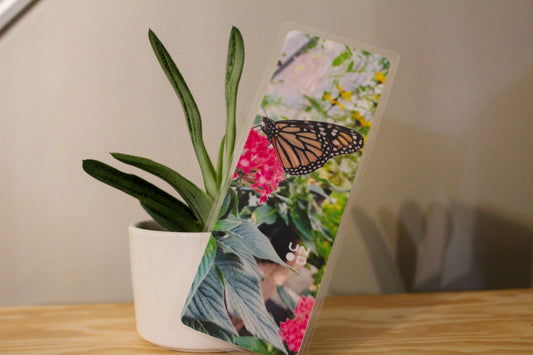 Potted plant with a bookmark featuring a butterfly on a wooden surface.