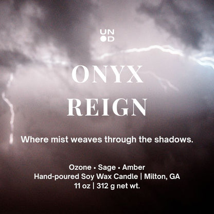 Onyx Reign candle description with stormy background and UNOD logo