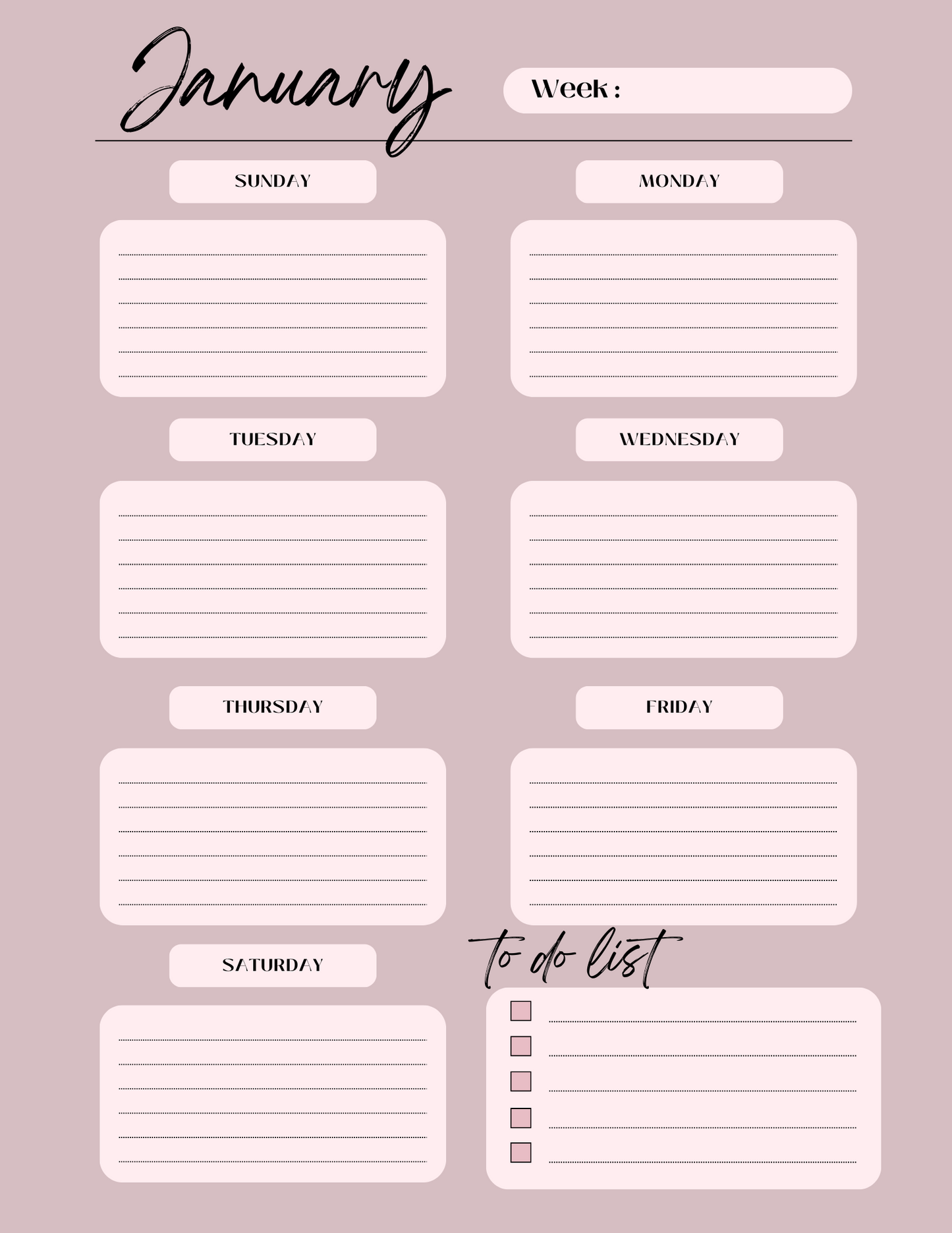 planner page in blush pink. January with Sunday - Saturday text boxes. to do list at the bottom with a week label at the top