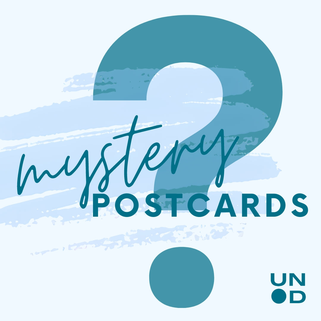 blue monochrome image. big question mark, reading "mystery postcards". unpunched logo in the corner.